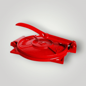 Red cast iron tortilla press